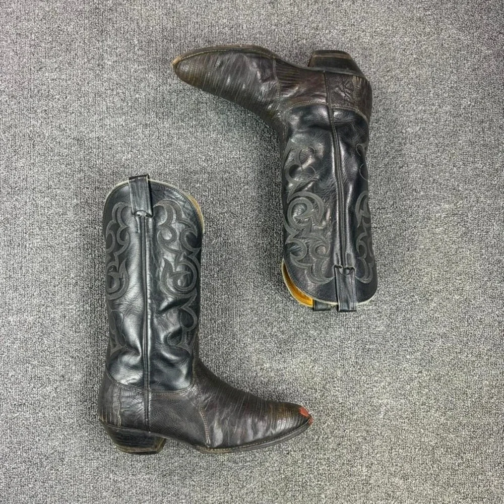 Vintage Nocona Black Lizard Exotic‎ Leather Western Cowboy Boots Size 9D